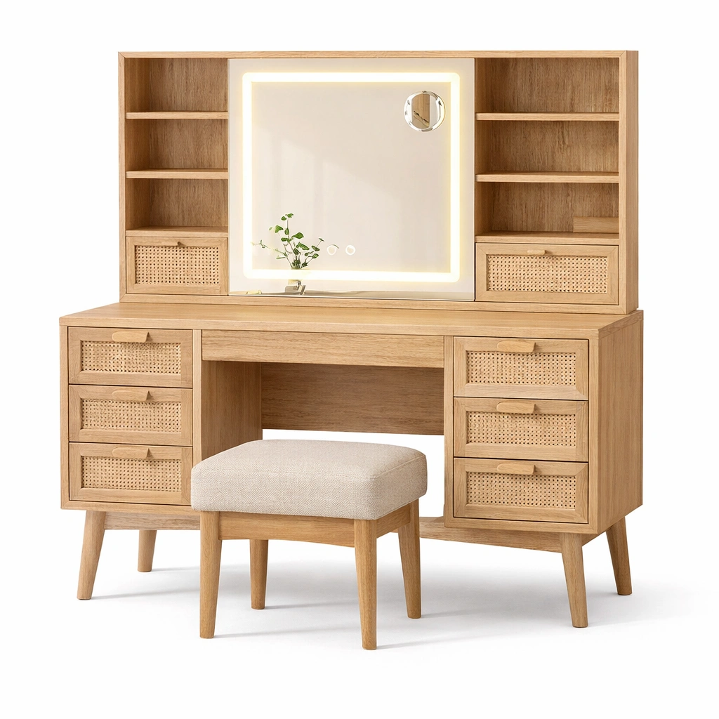 tocador de madera con espejo y almacenamiento-dwellirae